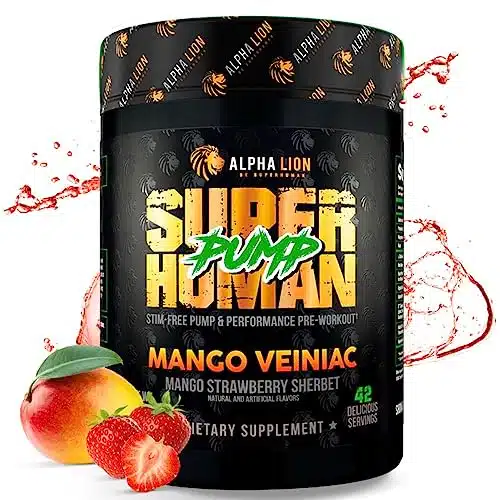 ALPHA LION Superhuman Pump Pre Workout Powder, Nootropic Caffeine & Stim Free Preworkout Supplement, Nitric Oxide Booster, Muscle Gainer, Energy & Focus (Servings, Mango Veiniac Flavor)