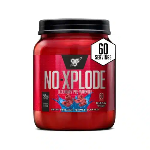 BSN N.O. XPLODE Pre Workout Powder, Energy Supplement for Men and Women with Creatine and Beta Alanine, Flavor Blue Raz, Servings