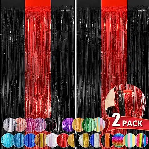 Black Red Tinsel Foil Fringe Curtains, Pack xFeet Streamer Backdrop Curtains for Birthday Party Decorations, Halloween Decor, Foil Curtain Backdrop for Bachelorette Party