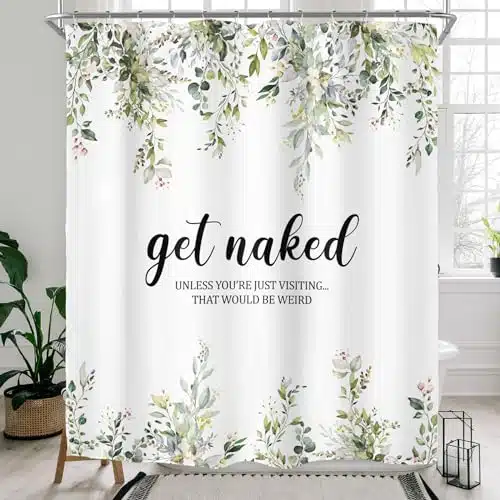 Riyidecor Get Naked Eucalyptus Leaf Shower Curtain for Bathroom Decor xH Green Spring Floral Funny Quotes Leaves Botanical Farmhouse Art Printed Fabric Polyester Waterproof Pack Plastic Hooks