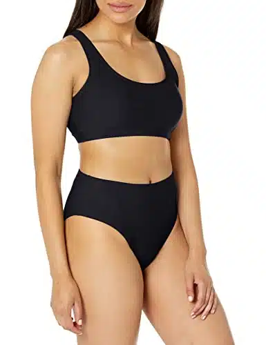 Tempt Me Women Black Two Piece Scoop Neck Bikini Crop Top High Cut Swimsuit Sporty High Waisted Bathing Suit with Bottoms Suit M