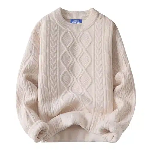 Aelfric Eden Cable Knit Sweater Women Vintage Chunky Cream Sweater Men Woven Crewneck Knitted Pullover White