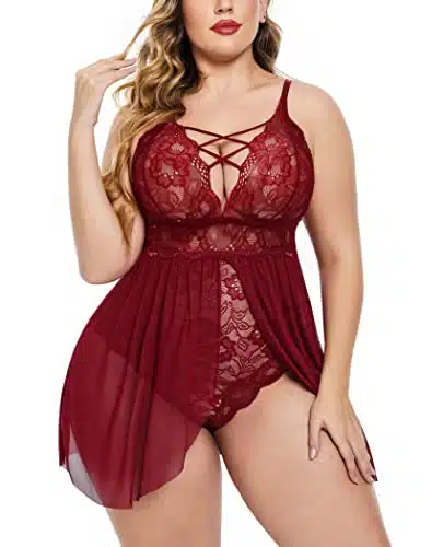 Avidlove Babydoll Lingerie For Women Lace V Neck Sleepwear Nighty Sexy Nightgown (Wine Red, XL)