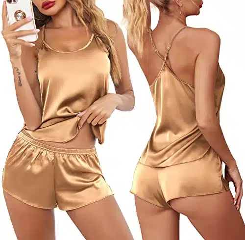 Ekouaer Sexy Pajamas for Women Satin Sleepwear Piece Cami Shorts Set Light Tan Medium