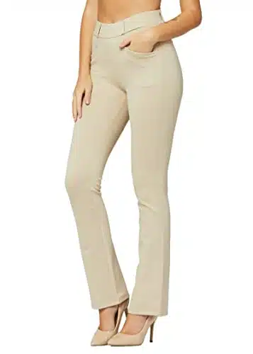 Premium Women's Stretch Dress Pants   Wear to Work   Ponte Treggings   Bootcut   Beige Nude   DP Boot Full Khaki X