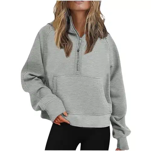 Pvkarhg Prime of Day Deals Today Hoodies for Women Half Zip Pullover Scuba Dupes Fall Clothes for Women Fleece Crop Sweatshirt With Pocket Fashion Athletic Outfits Gray XL