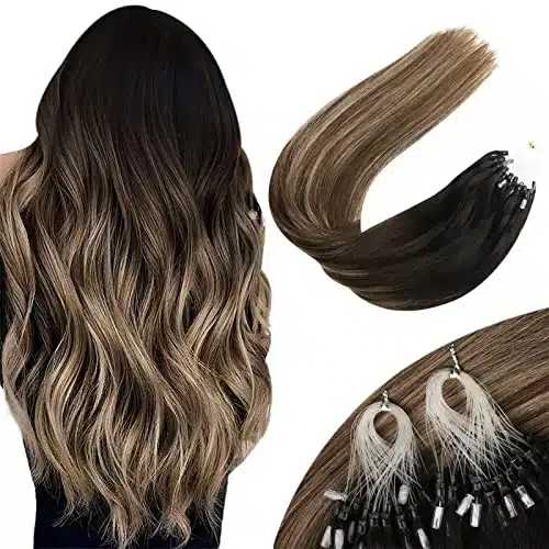 Sunny Micro Hair Extensions Human Hair inch Micro Loop Hair Extensions Black Balayage Dark Brown Ombre Medium Ash Blonde Cold Fusion Microlink Hair Extensions Black for Women G Inch