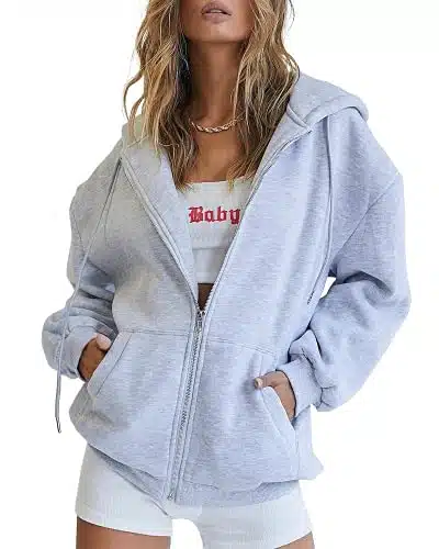 Trendy Queen Womens Hoodies Fall Outfits Teacher Country Concert Casual Cute Zip up Oversized Sweatshirts Fleece Jackets Teen Girls YK Winter Clothing Grey