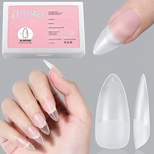 AILLSA Almond Full Cover Nail Tips Upgraded Matte Prefiled Soft Gel Nail Tips False Gelly Press on Nail Tips Medium Almond Shaped Nails for Nail Extensions DIY Holiday Gift (Pcs Sizes)