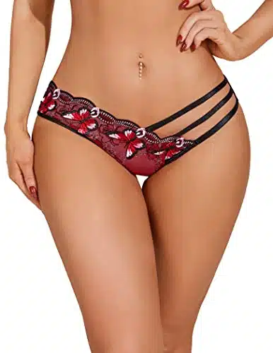 Avidlove Women's Embroidery Red Butterfly Cheeky Panties Sexy Triple Straps Underwear