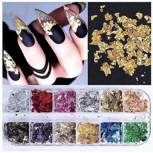 Colors Nail Art Glitter Foil Metal Leaf Flakes Holographic Glitter Nail Kit Gold Flakes D Ultra Thin Gold Aluminum Nail Art Design for Woman Girls Nail Decoration DIY Nail Art