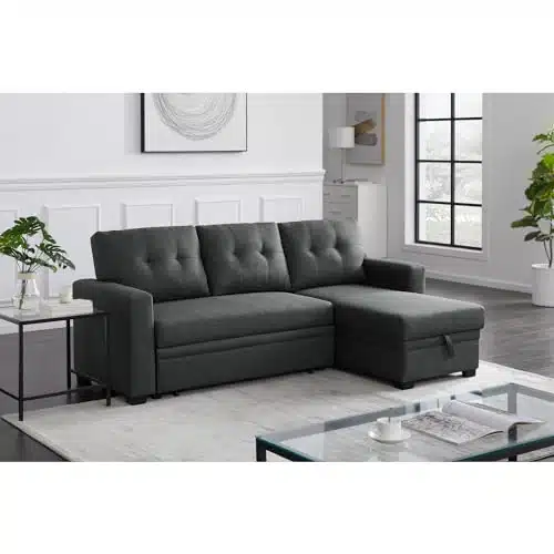 Devion Furniture Contemporary Reversible Sectional Sleeper Sectional Sofa with Storage Chaise in Dark Gray Fabric