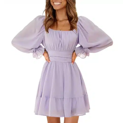 EXLURA Women Tie Back Square Collar Long Lantern Sleeve Off Shoulder Ruffle Dress Elastic Waist Aline Casual Mini Dress, Purple