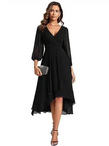 Ever Pretty Women's A Line V Neck Long Sleeves Lotus Leaf Fall Evening Wedding Party Dress Black