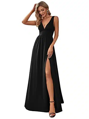 Ever Pretty Women's Double V Neck High Stretch Knit Pleated Backless Long Wedding Guest Dress Black