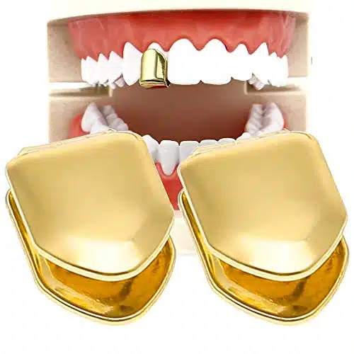 HuiYouHui Pieces K Plated Gold Grillz Mouth Teeth, Hip Hop Teeth Plain, Top Tooth Single Grill Cap for Teeth Mouth, Party Accessories Teeth Grills (Color  Gold)