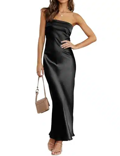 MEROKEETY Women Summer Strapless Satin Tube Bodycon Backless Wedding Guest Maxi Dress Black Small