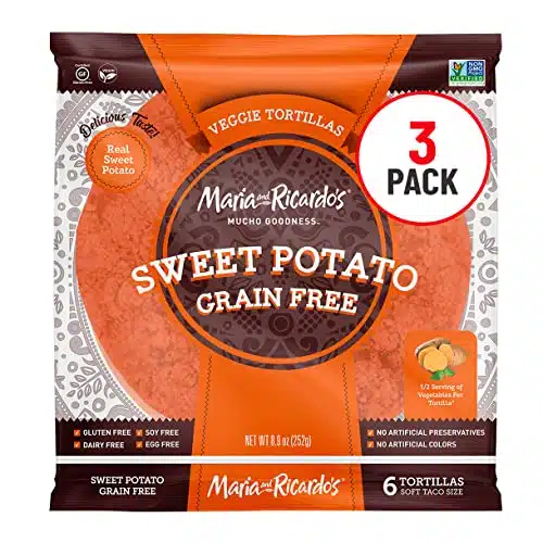 Maria & Ricardo's Sweet Potato Grain Free Tortillas. (Packages) serving of vegetables in each tortilla. Non GMO PV. Vegan. Gluten Free. Tortillas per Pack (Tortillas)