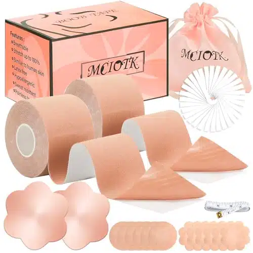 Mciotk Boob Tape   Boobytape for Breast Lift, Roll Pcs Body Tape,Pcs Nipple Cover W Petals for Sticky Bra Backless Bra or Strapless Bra, Waterproof Sweat Proof BoobTape Kit Su