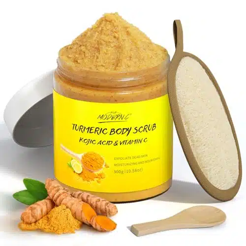 Turmeric and Vitamin C Body Scrub Remove Dead Skin Improve Dark Spots Acne Natural Organic Exfoliating Deep Cleansing Exfoliator for Body Butt Bikini Area Body Care with Loofa