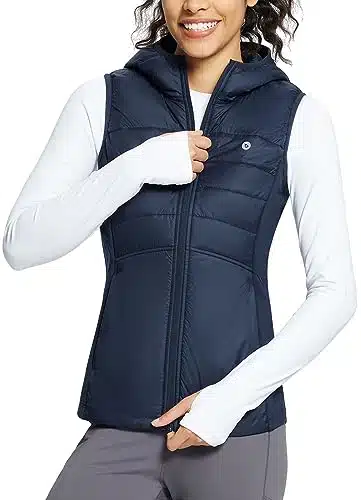 BALEAF Women's Puffer Vest Lightweight Hooded Slim Fit Running FLeece Lined Hybrid Sleeveless Warm up Winter Navy Blue M