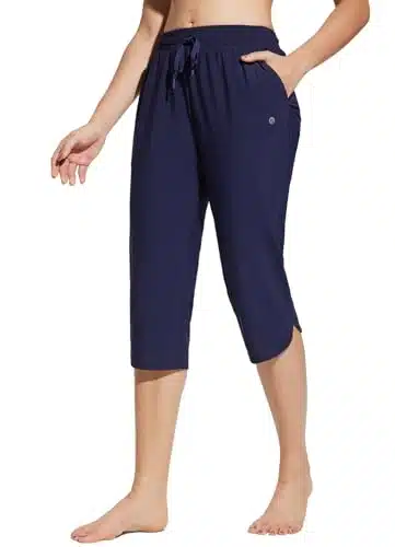 BALEAF Women's Swim Capris Long Quick Dry Knee Length Swimming Pants Modest Beach Pants UPF+ Casual Cropped Pants with Pockets Navy S