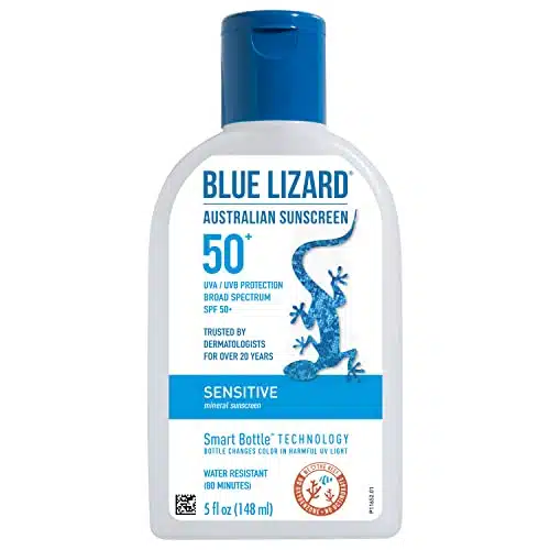 BLUE LIZARD Sensitive Mineral Sunscreen with Zinc Oxide, SPF +, Water Resistant, UVAUVB Protection with Smart Bottle Technology   Fragrance Free, oz