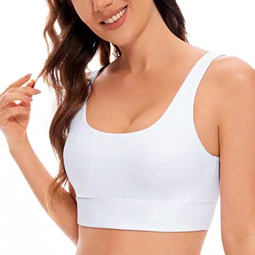 CRZ YOGA Butterluxe Womens U Back Sports Bra   Scoop Neck Padded Low Impact Yoga Bra Workout Crop Top with Built in Bra White Medium