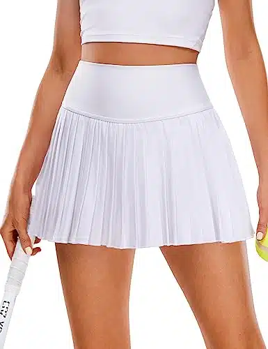 CRZ YOGA Women's High Waisted Pleated Tennis Skirts with Pockets Tummy Control Casual Liner Skorts A Line Workout Golf Skirts White Medium