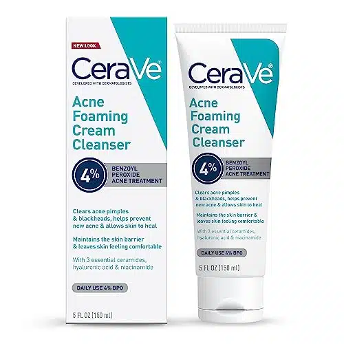 CeraVe Acne Foaming Cream Cleanser  Acne Treatment Face Wash with % Benzoyl Peroxide, Hyaluronic Acid, and Niacinamide  Cream to Foam Formula  Fragrance Free & Non Comedogenic