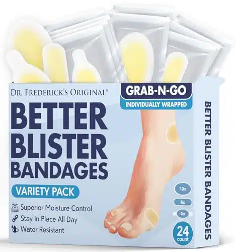 Dr. Frederick's Original Better Blister Bandages   ct   Grab N Go   Water Resistant Hydrocolloid Bandages for Foot, Toe, & Heel Blister Prevention & Recovery   Healing Blister