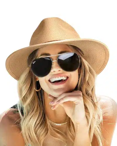 FURTALK Sun Hats for Women Summer Wide Brim UV UPF + Panama Fedora Foldable Packable Straw Beach Hat Khaki