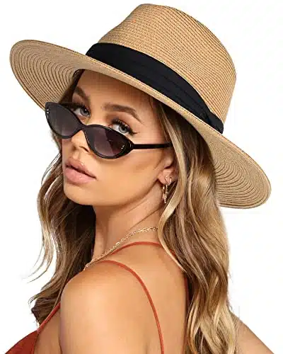 FURTALK Womens Mens Wide Brim Straw Panama Hat Fedora Summer Beach Sun Hat UPF Straw Hat for Women Khaki