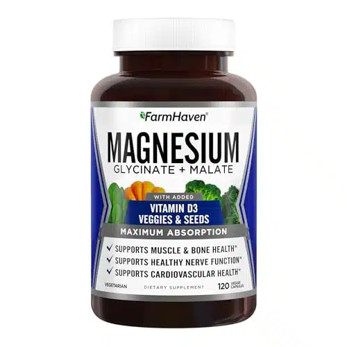 FarmHaven Magnesium Glycinate & Malate Complex wVitamin D, % Chelated for Max Absorption, Vegetarian  Bone Health, Nerves, Muscles, Capsules, Days