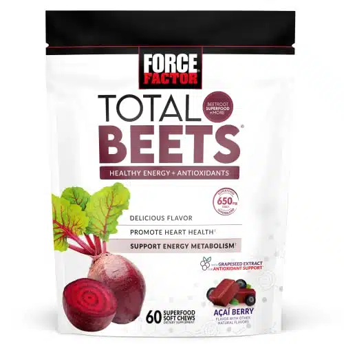 Force Factor Total Beets Soft Chews with Beetroot, Nitrates, L Citrulline, Grapeseed Extract, and Antioxidants, Healthy Energy Supplement with Elite Ingredients, Heart Health 