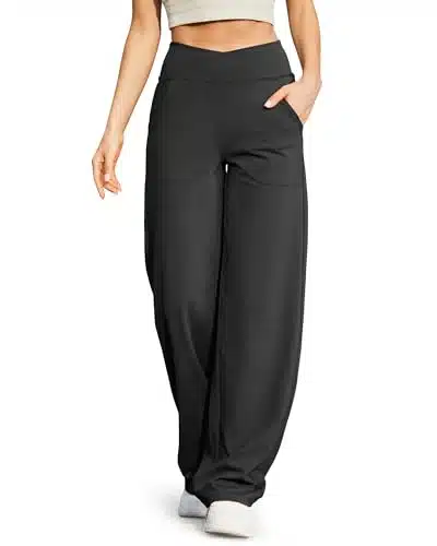 GFree Wide Leg Pants for Women Flare Dress Yoga Pants with Pockets Stretch Lounge Business Casual Work Pants(Black,L,)