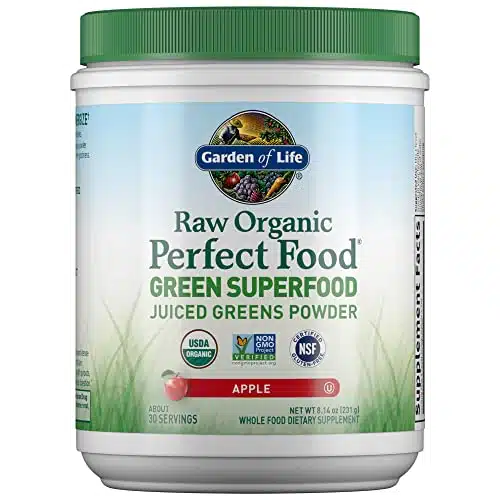 Garden of Life Raw Organic Perfect Food Green Superfood Juiced Greens Powder   Apple Flavor, Servings   Vegan Gluten Free Whole Food Dietary Supplement, Greens Plus Probiotics