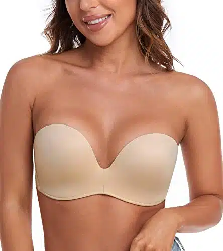 HACI Push Up Strapless Bra Anti Slip Padded Wireless Bras for Women(Beige,B)