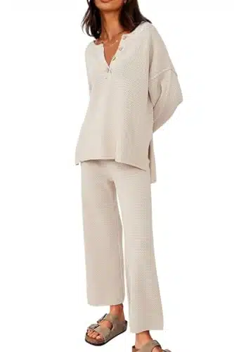 LILLUSORY Womens Pajama Sets Two Piece Lounge Wear Oversized Trendy Cozy Soft Travel Airport Outfit Sweater Apricot