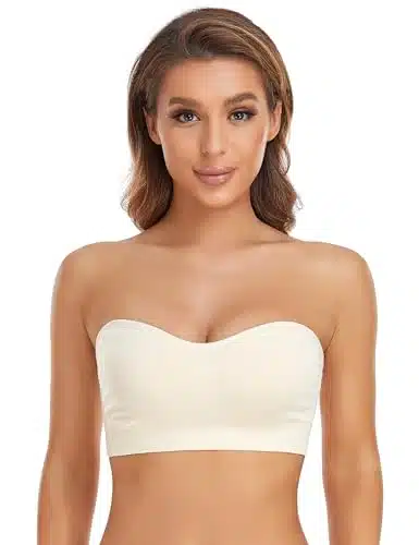 Lusait Strapless Bra for Women Non Slip Silicone Padded Bandeau Bra Wireless Tube Top Bra Beige L