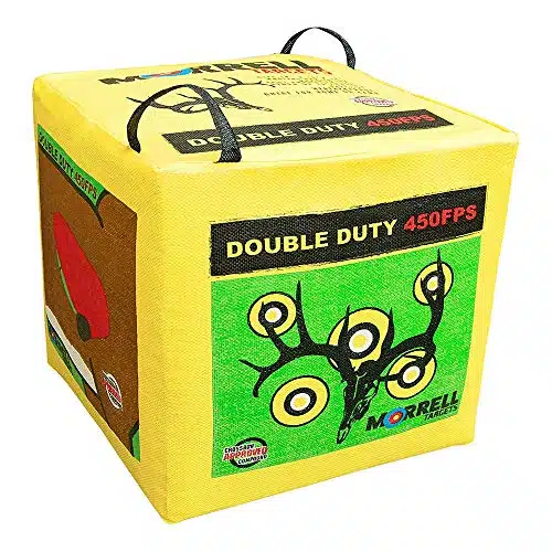 Morrell Double Duty FPS Sided Cube Field Point Archery Bag Target with Traditional Bullseyes, Nine ball, Dartboard Game, and Deer Vitals, Yellow