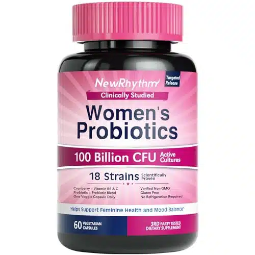 NewRhythm Probiotics for Women, P P, Vitamin C & Organic Cranberry, Billion CFU Strains, Probiotics & Prebiotics, No Refrigeration Needed, Capsules, No Dairy