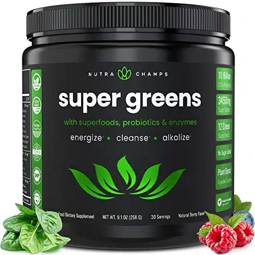 NutraChamps Super Greens Powder Premium Superfood  + Organic Green Veggie Whole Foods  Wheat Grass, Spirulina, Chlorella & More  Antioxidant, Digestive Enzyme & Probiotic Blen