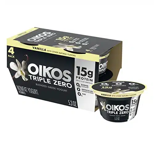 Oikos Triple Zero Vanilla Nonfat Greek Yogurt Pack, % Fat, g Added Sugar and Artificial Sweeteners, Just Delicious High Protein Yogurt, Ct, OZ Cups