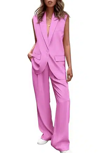 PRETTYGARDEN Women's Piece Pant Suit Dressy Button Up Vest Blazer and Long Pants Set Business Casual Outfits (Pink,Medium)