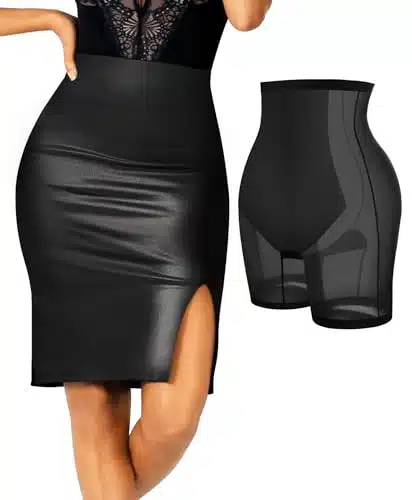 Popilush Wear to Work Pencil Skirts for Women Built in Shapewear Elastic High Waist Wrap Front Slim Split Midi Skirts A Black