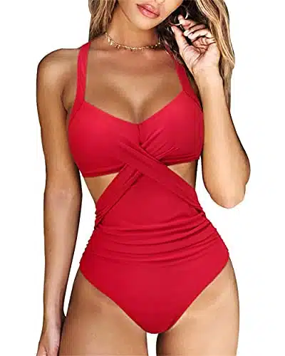 RXRXCOCO Women Front Cross One Piece Swimsuit Tummy Control Cross Back Monokini Bathing Suit for Women Red Medium