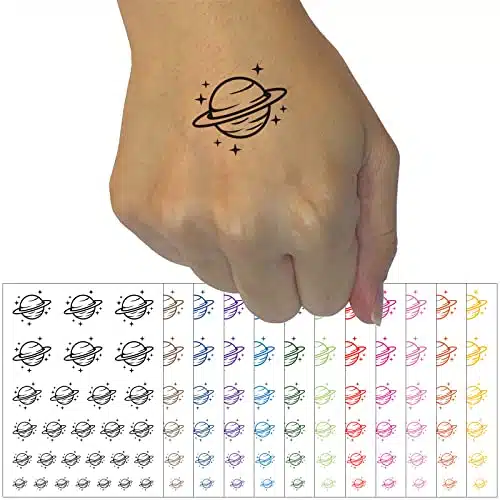 Saturn Planet with Rings and Stars Temporary Tattoo Water Resistant Fake Body Art Set Collection   White (One Sheet)