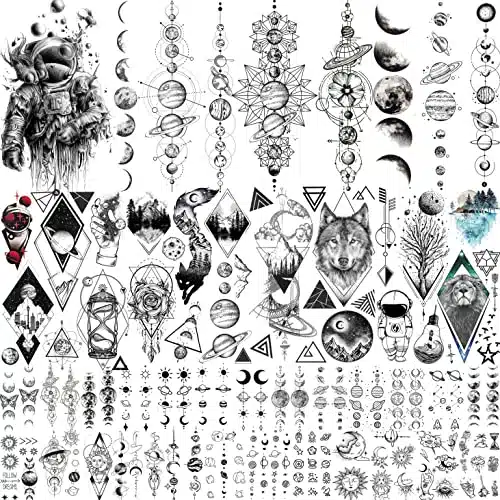 Sheets Outer Space Temporary Tattoos for Kids Boys Girl Women Men Adults Children, Geometry Astronaut Universe Fake Tattoo Star Moon Solar Syetem