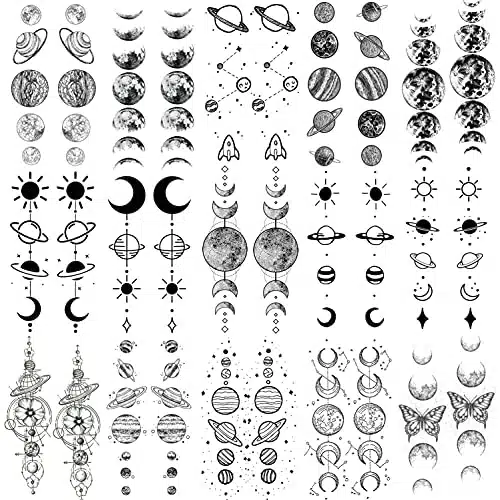 Shegazzi Sheets Realistic Space Planets Chain Temporary Tattoos For Women Men Arm Neck, Butterfly Solar System Moon Sun Star Fake Tattoo Sticker, Small Universe Tatoos Kids Gi